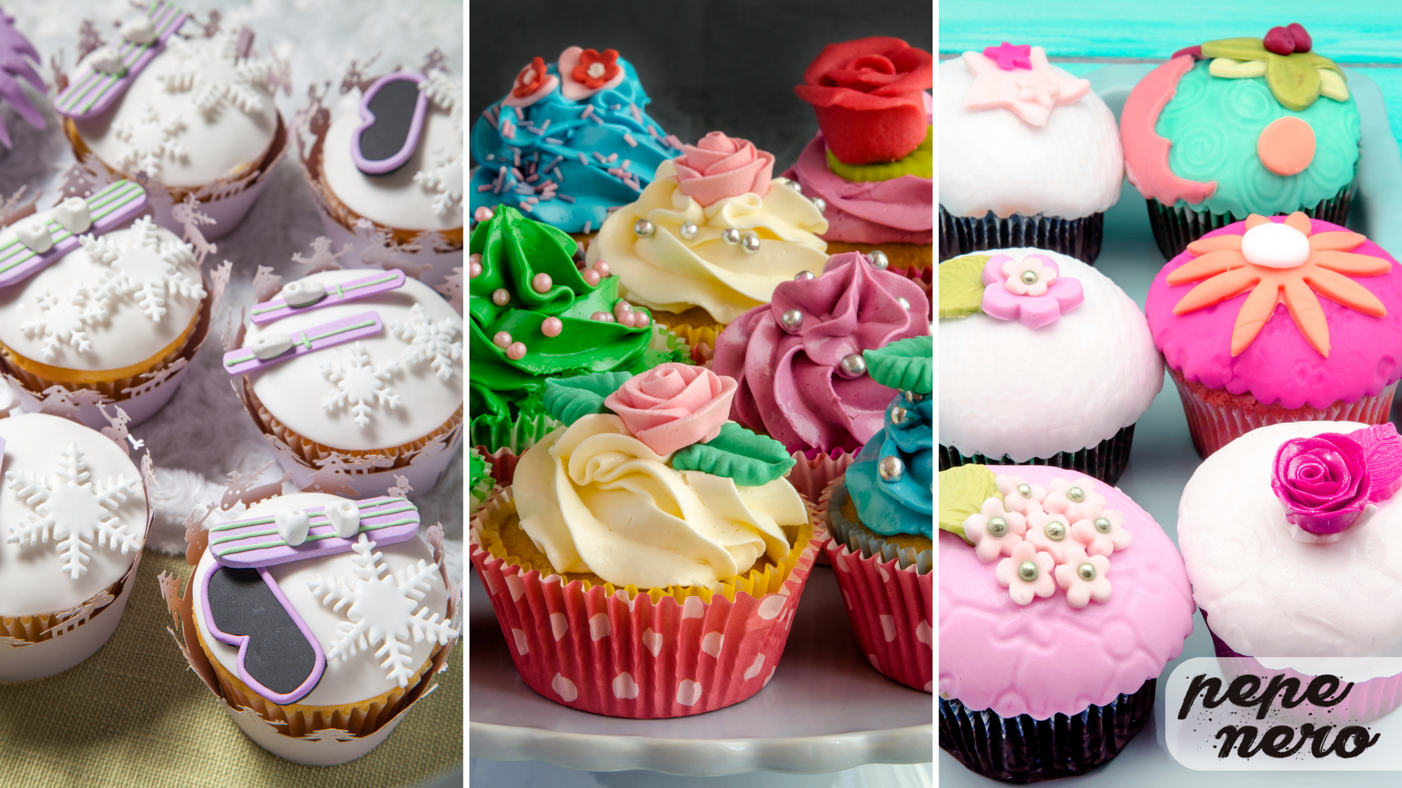 A variety of differently decorated cupcakes 